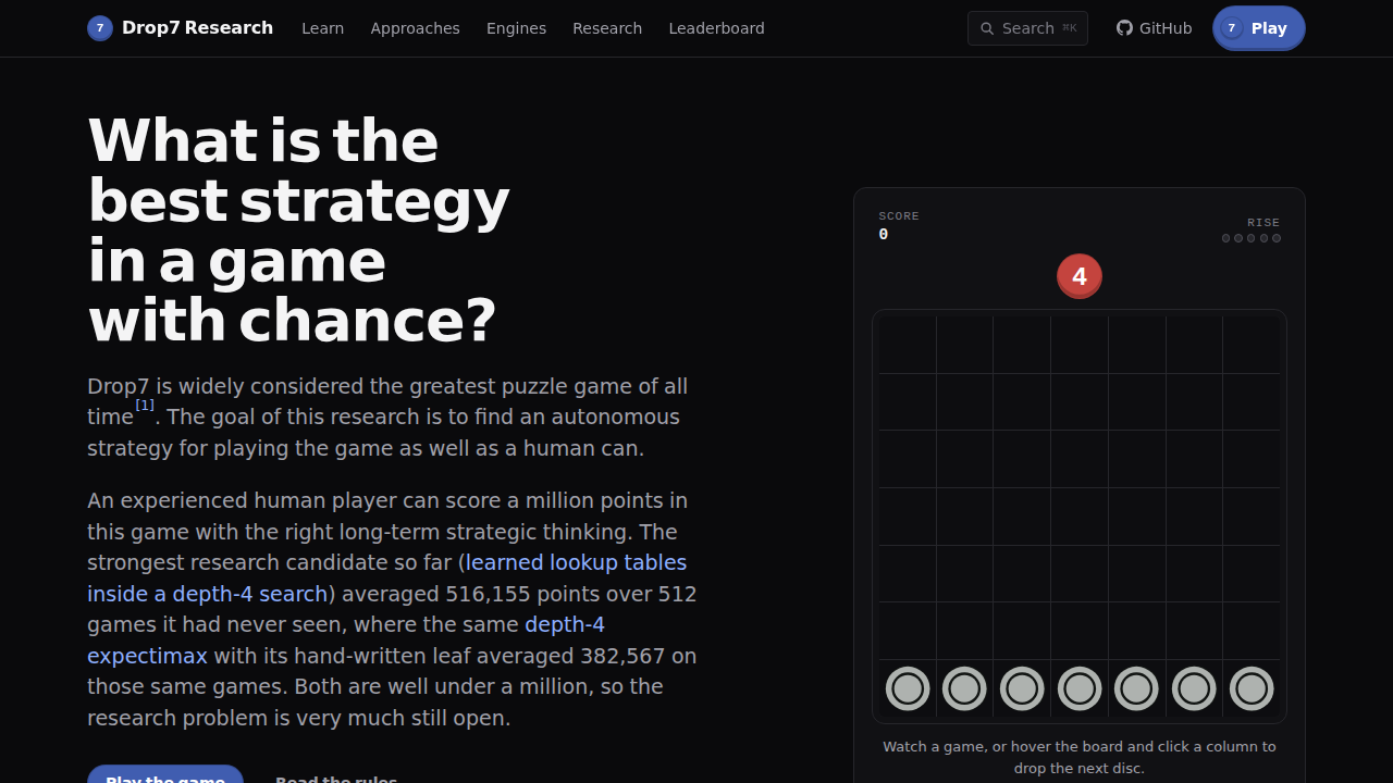 Searching for optimal strategies in a puzzle game with chance (Drop7)