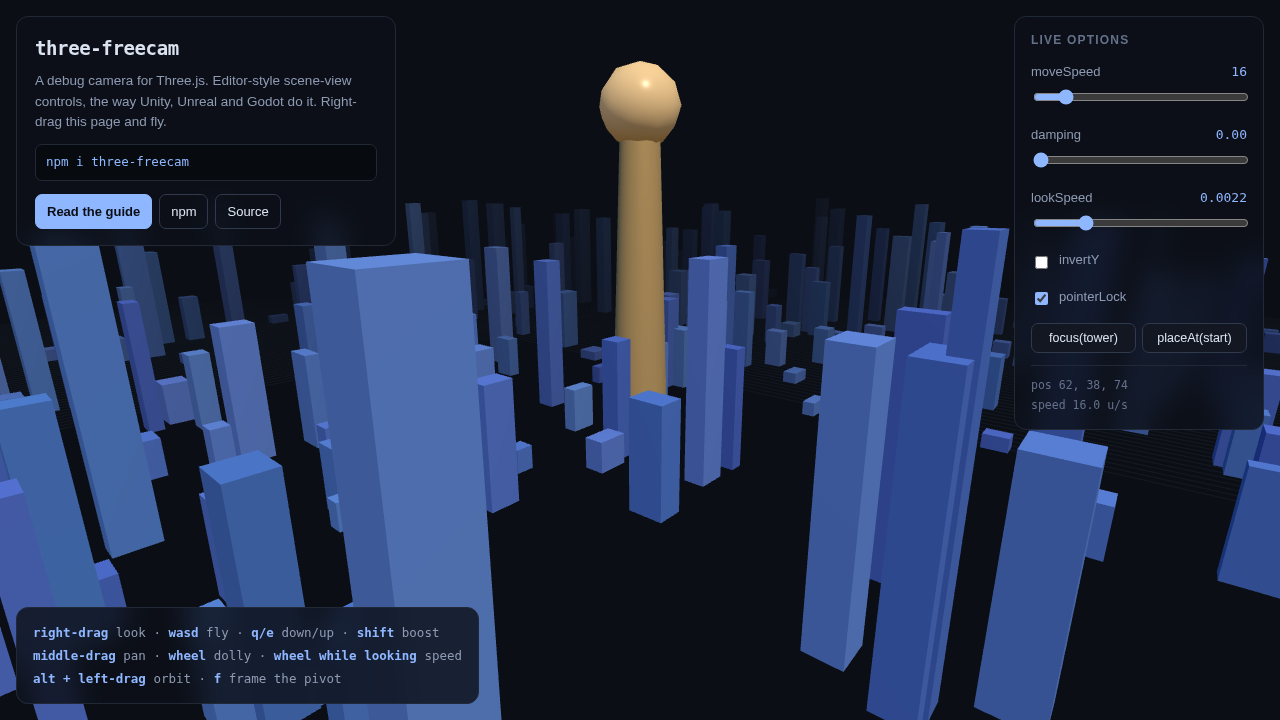 three-freecam live demo: a debug camera for Three.js